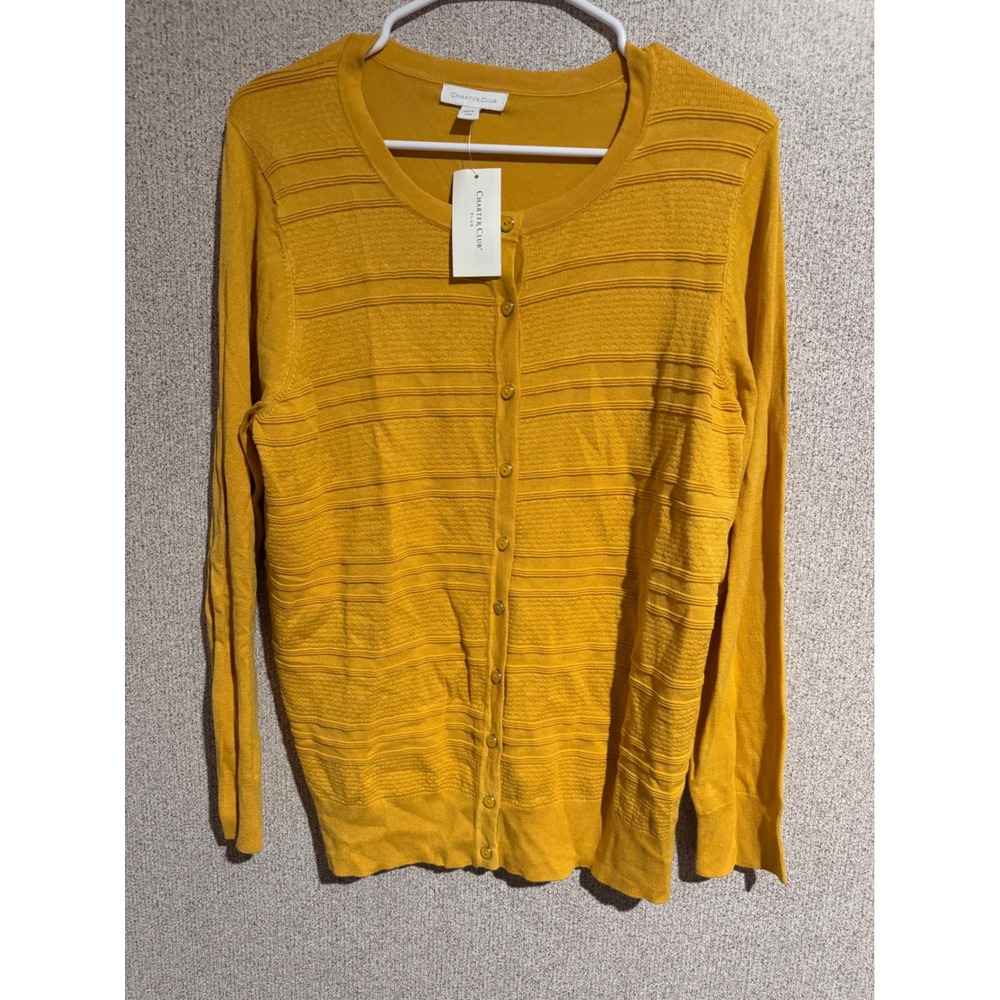 Charter Club Plus Size Cardigan Honey Glaze Yellow Textured Button Front 1X NEW